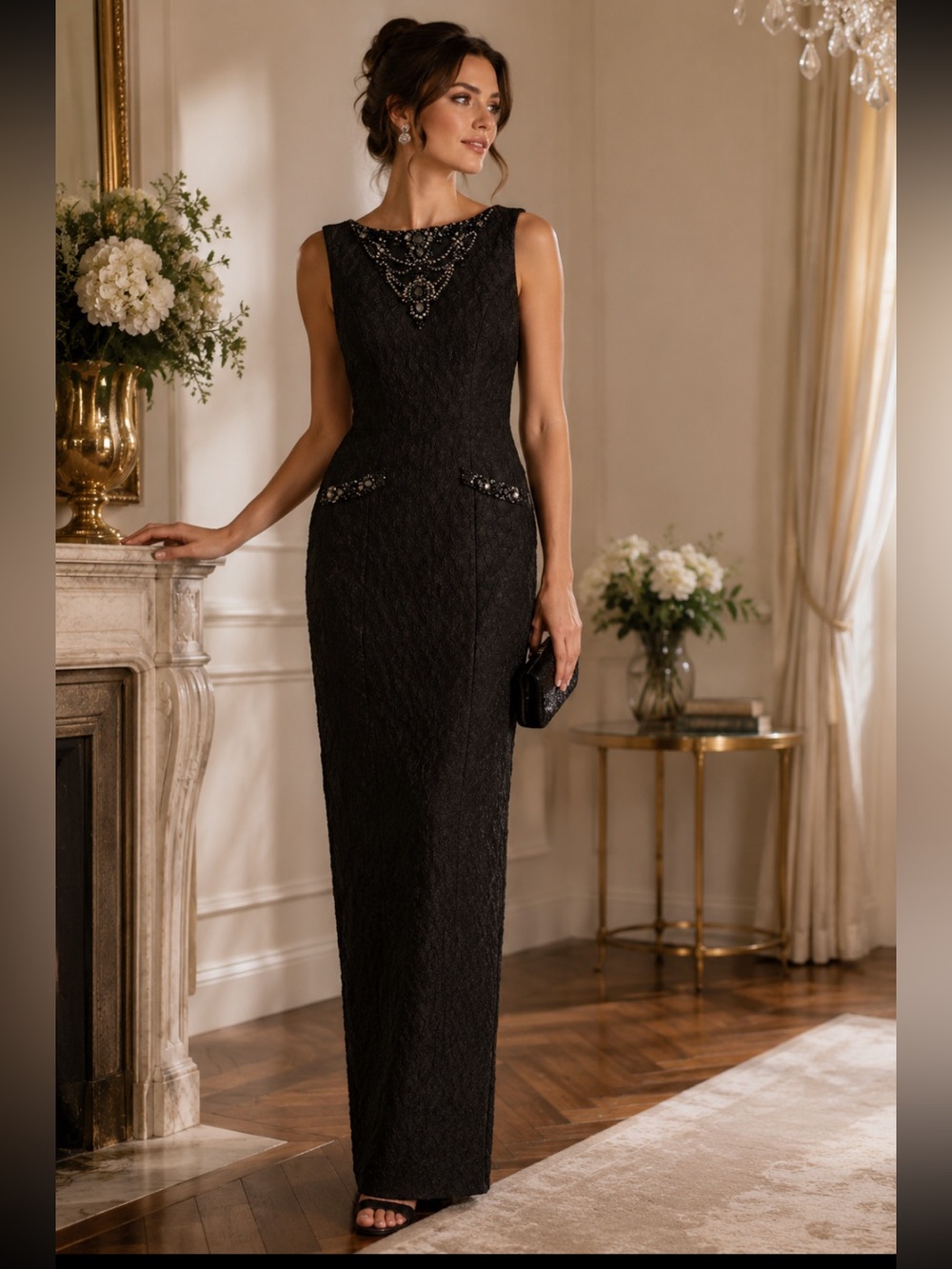 Theia sleeveless bateau Neckline jacquard With jewels gown